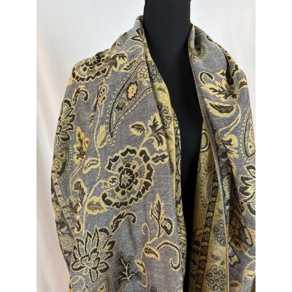Grey Gold Paisley Floral Metallic Woven Fringe Wrap Scarf Shawl UB153101 OS